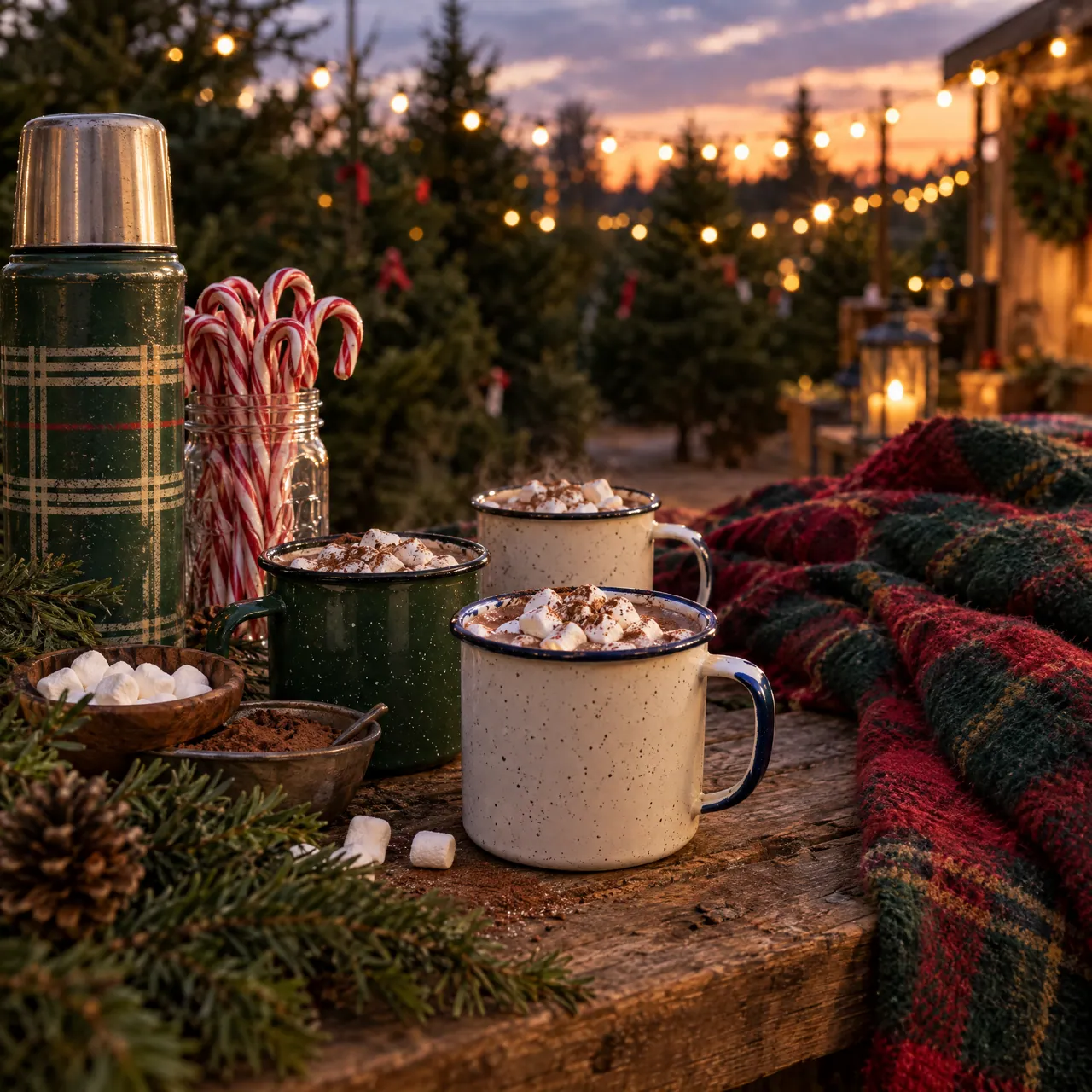Hot cocoa in enamel mugs with candy canes and a plaid blanket