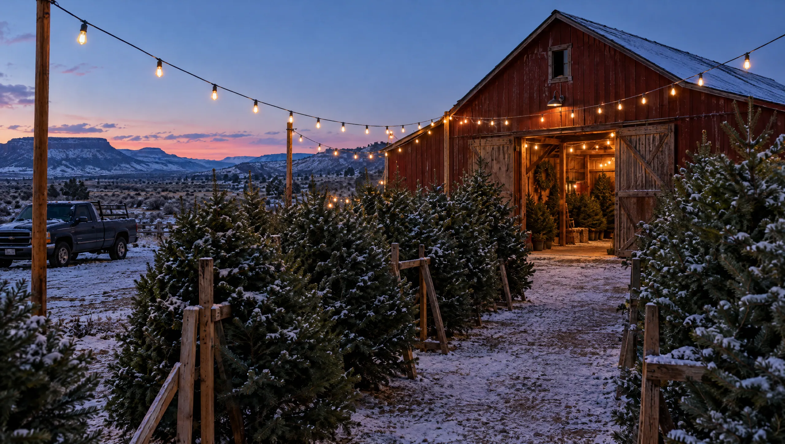 Fresh-cut Christmas trees under string lights at the Turner Tree Co. lot
