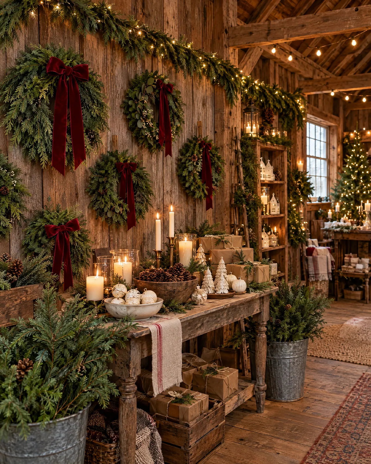 Evergreen wreaths and garland inside a cozy shop